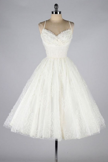 Vintage Prom Dress, White Prom Gowns, Lace Homecoming Dress