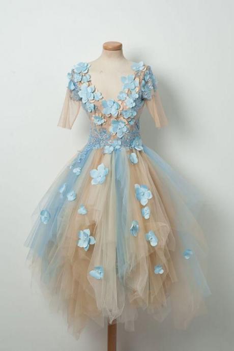 Cute V-neck Appliques Party Dresses,a-line Tulle Homecoming Dresses