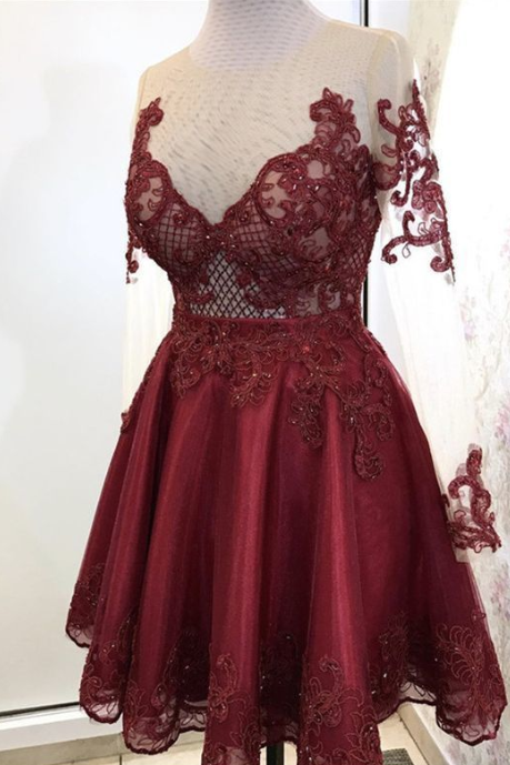 Elegant Burgundy Tulle Homecoming Dresses Lace Long Sleeves