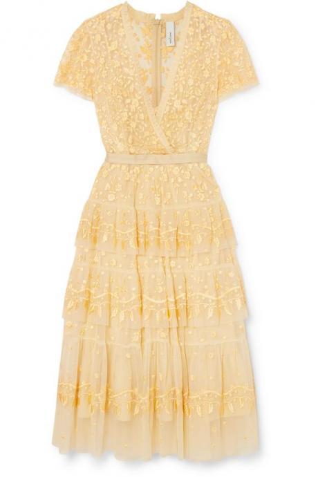 V Neck Tiered Embroidered Tulle Midi Dress.yellow Appliques Homecoming Dress