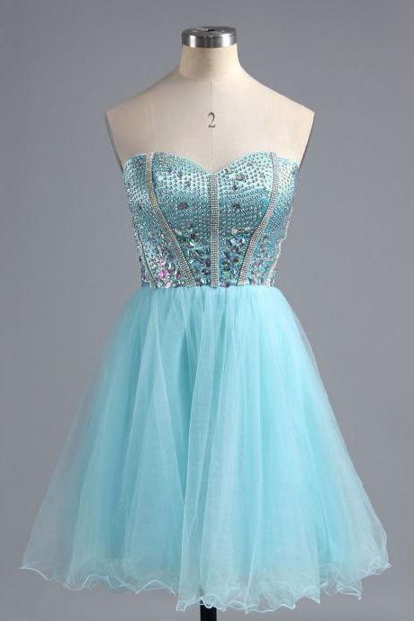 Sexy Sweetheart Satin Homecoming Dress, Light Blue Mini Homecoming Dress, Sparkling Crystal Tulle Homecoming Dress with Pleats