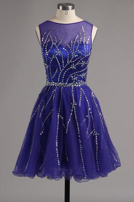 Royal Blue Homecoming Dress with Key Hole Back, Short Beaded Homecoming Dress, Tulle Homecoming Dress with Pleats