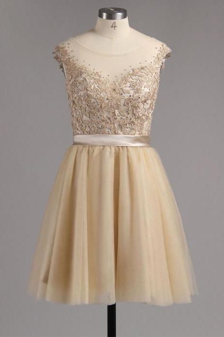 Champagne Low Back Homecoming Dress, Tulle Short Homecoming Dress with Lace Appliques, Homecoming Dress with Cap Sleeves