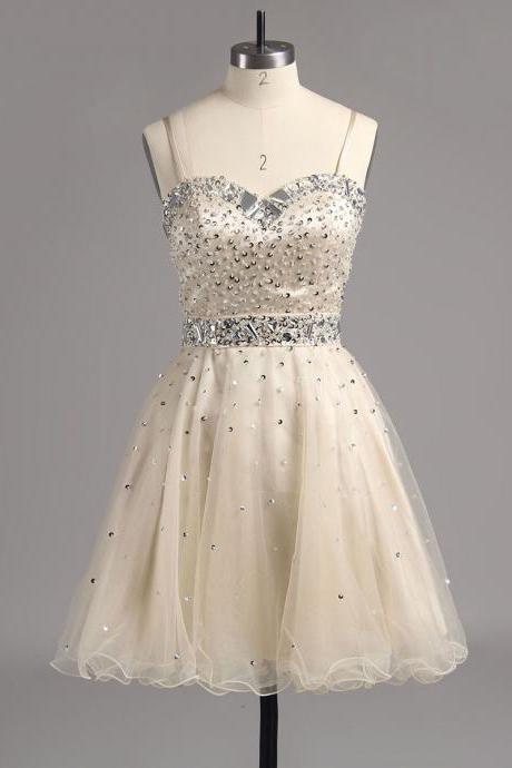 Princess Spaghetti Straps Homecoming Dress, Elegant Organza Homecoming Dress with a Crystal Ribbon, Sparkling Beaded Short Homecoming Dress