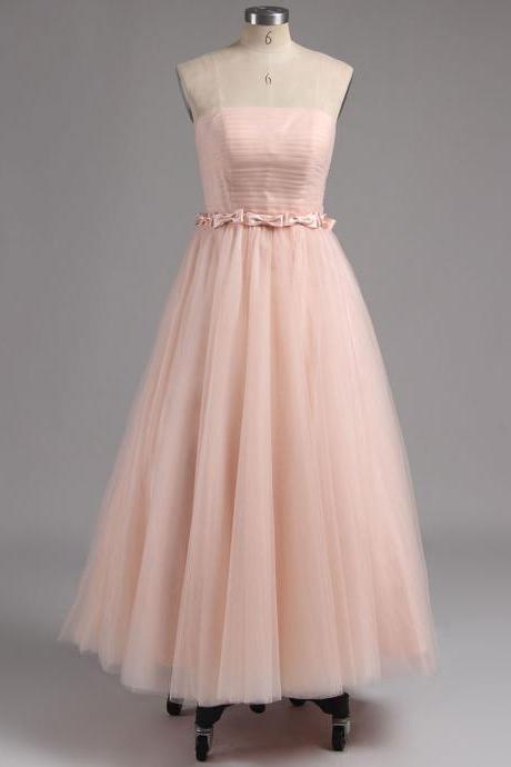 Strapless Homecoming Dress in Tea Length with Pleats, Princess Lace-up Homecoming Dress with Bowknot, Elegant Pink Tulle Homecoming Dress