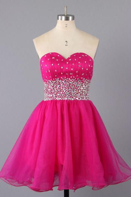 Pink Sweetheart Homecoming Dresses, Begonia A-line Tulle Homecoming Dresses, Short Homecoming Dresses With Crystal Beaded Details