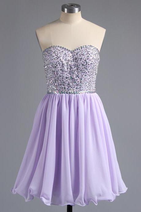 A-line Sweetheart Homecoming Dresses, Light Purple Homecoming Dresses, Glittering Beaded Chiffon Homecoming Dresses With Lace-up Back