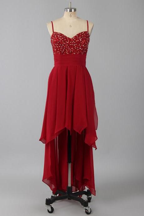 Straps Homecoming Dresses With Sparkly Beads, Red High Low Homecoming Dresses, Asymmetrical Chiffon Homecoming Dresses