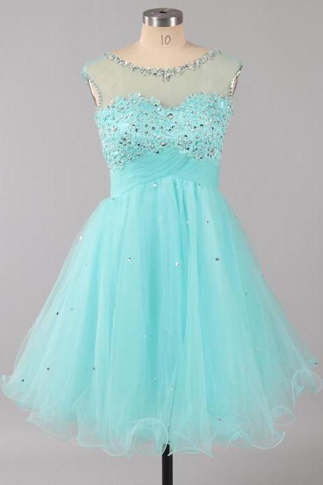 A-line Blue Homecoming Dresses, Illusion Neck Tulle Short Homecoming Dresses With Glittering Beads