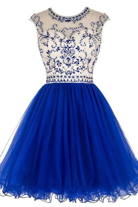 Royal Blue Short Prom Dress, Shining Beaded Cap Sleeves Pleats Prom Dress, Elegant Open Back A-line Tulle Prom Dress