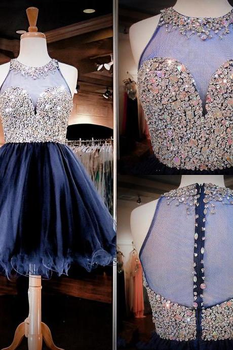 Sparkling Jewel Crystal Beaded Tulle Prom Dress, Navy Blue A-line Tulle Short Prom Dress, Princess Sequins Mini Prom Dress