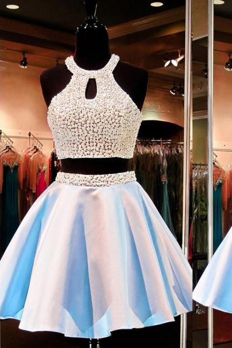 Crystal Pearl Open Back Short Prom Dress, Sleeveless A-line Two Piece Mini Prom Dress, Princess Crop Top Key Holes Prom Dress