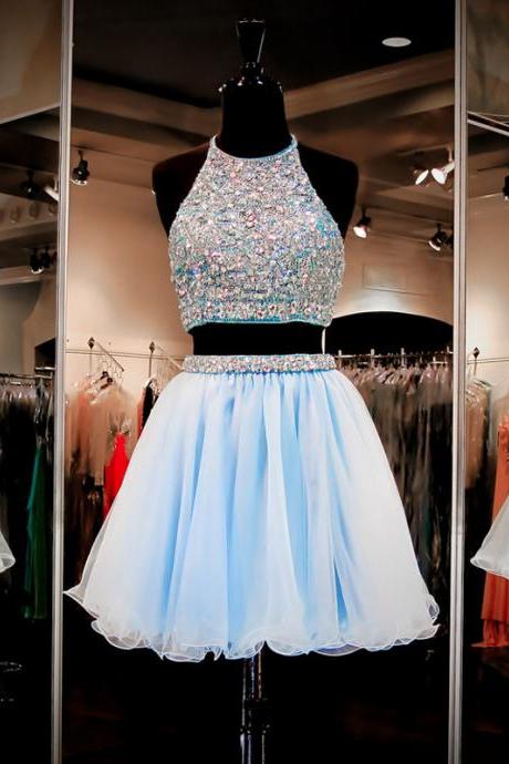 Jewel Neck Light Blue Open Back Short Prom Dress, Halter Two Piece Crystal Beaded Tulle Prom Dress, Princess Sequins Mini Prom Dress
