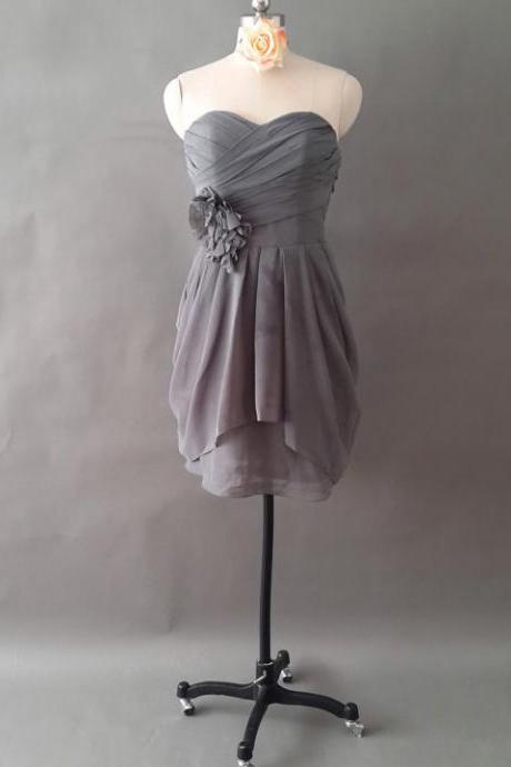 Gray Sweetheart Bridesmaid Dress With Ruching Detail, Chiffon Bridesmaid Dress With Pleats