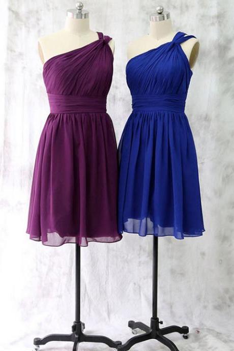 Purple One Shoulder Bridesmaid Dress, Royal Blue Bridesmaid Dress, Asymmetric Chiffon Bridesmaid Dress With Ruching Detail