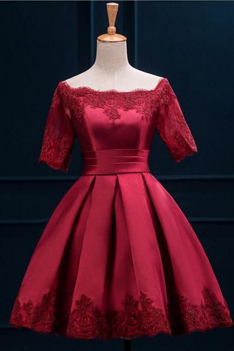 Off The Shoulder Red Satin Prom Dress With Half Sleeves, Short Lace-up Prom Dress With Lace Appliques, Princess Prom Dress With Pleats