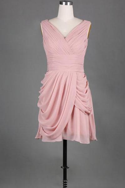 Simple V-neck Pink Bridesmaid Dress, Short Chiffon Bridesmaid Dress with Soft Pleats, Causal Ladies Bridesmaid Dresses with Ruching Detail