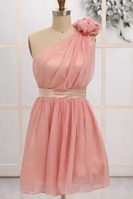 Pink Bridesmaid Dress With Flower, One Shoulder Junior Bridesmaid Dresses, Short Asymmetric Chiffon Bridesmaid Dresses