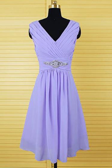 Elegant Purple Bridesmaid Dresses, Knee-length Lavender Bridesmaid Dresses, Chiffon Lavender Bridesmaid Dresses With Crystal