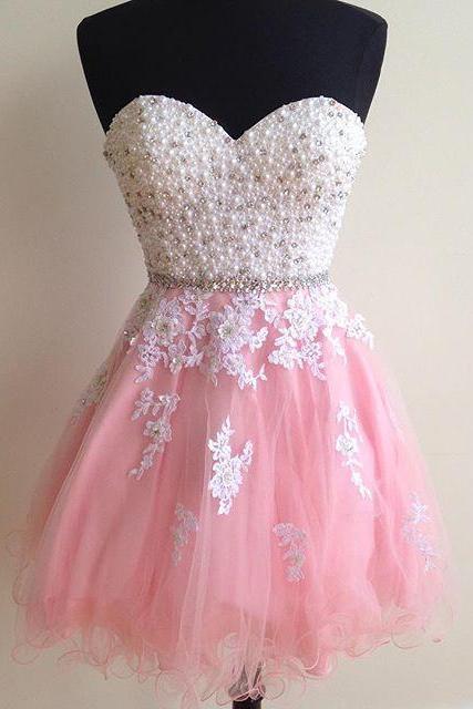 Fantastic Pearls Crystal Short Prom Dresses,white Lace Appliques Homecoming Dresses,puffy Tulle Graduation Dresses