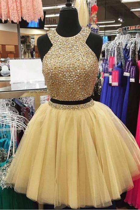 Gold Crystal Two Piece Short Prom Dresses,homecoming Dresses ,cocktail Party Dresses