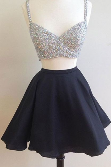 Two Piece Homecoming Dresses, Two Sets Prom Dresses Short, Shinning Beads Black Graduation Dresses