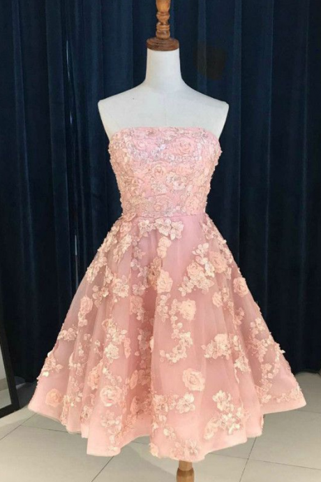 A-line Strapless Pink Homecoming Dress, Short With Lace Short Prom Dress