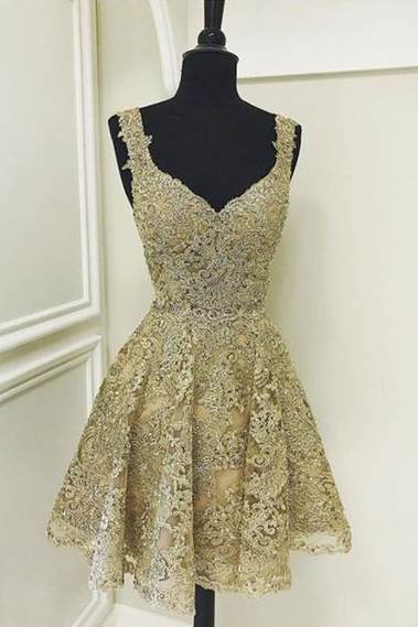 Cute Gold Lace V Neck Short Prom Dress, Homecoming Dress