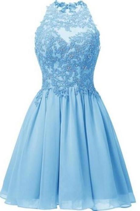 Lovely Chiffon Halter Homecoming Dress, Knee Length Party Dress With Lace Applique