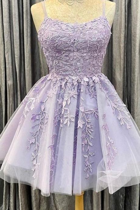 Princess Short Lavender A-line Lace Appliqued Homecoming Dress Party Dress