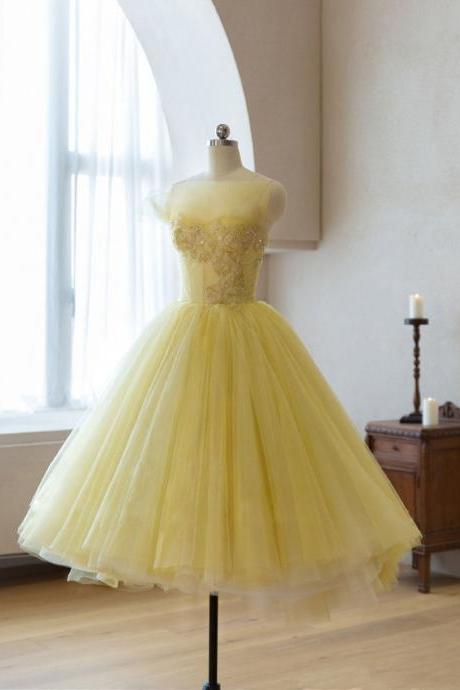 Yellow Tulle Beads Short Prom Dress Yellow Homecoming Dress