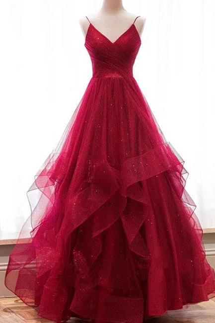 Princess Straps Red Long Ball Gown,v-neck Tulle Prom Dress