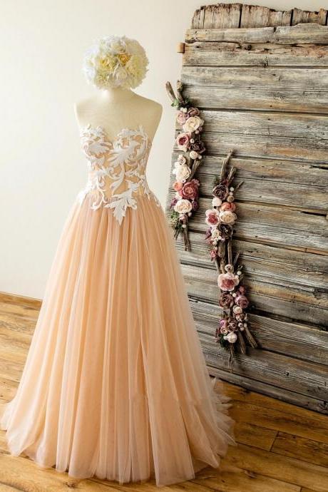 Strapless Nude Wedding Dress With Lace Top,sweetheart Tulle A Line Prom Dress