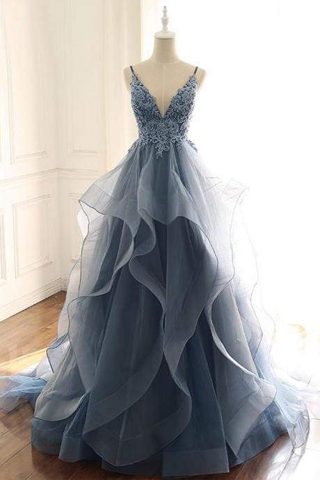 Blue V-neck Tulle Lace Prom Dress,spaghetti Strap Evening Dress,ruffle A Line Formal Dress