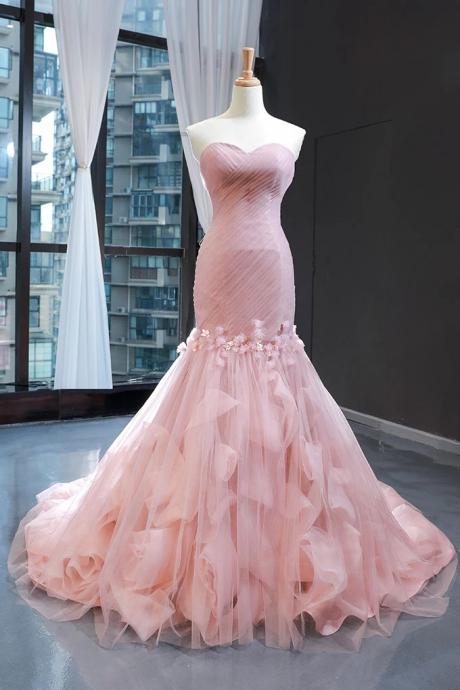 Pink Sweetheart Tulle Prom Dress, Mermaid Formal Ball Gowns, Gorgeous Evening Dress