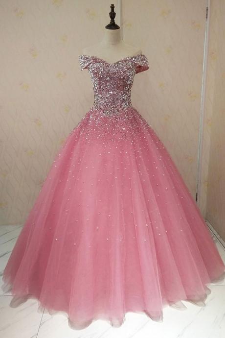 Pink Sweetheart Luxurious Beaded Long Prom Dress,sequins Tulle Formal Evening Dresses