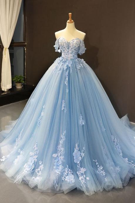 Sweetheart Off Shoulder Flowers Applique Ball Gowns,Blue Tulle Lace Prom Dress,Formal Gowns 