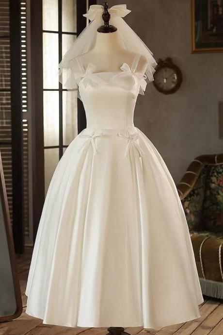 Light wedding bow dress, simple satin dress, cute white party dress