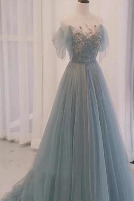 Gray blue party dress, light luxury prom dress, elegant temperament dream evening dress
