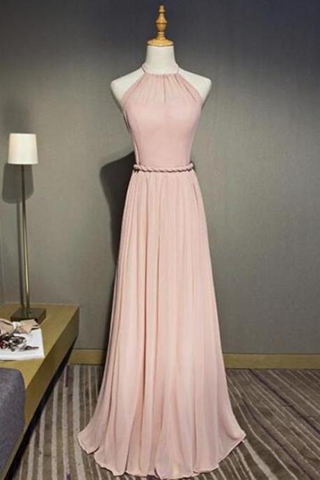 Long Prom Dresses, Simple Chiffon Halter Open Back Bridesmaid Dress, Long Party Gown