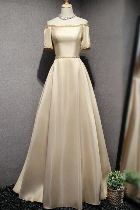 Beautiful Satin Long Beaded Prom Dress, Junior Prom Dress