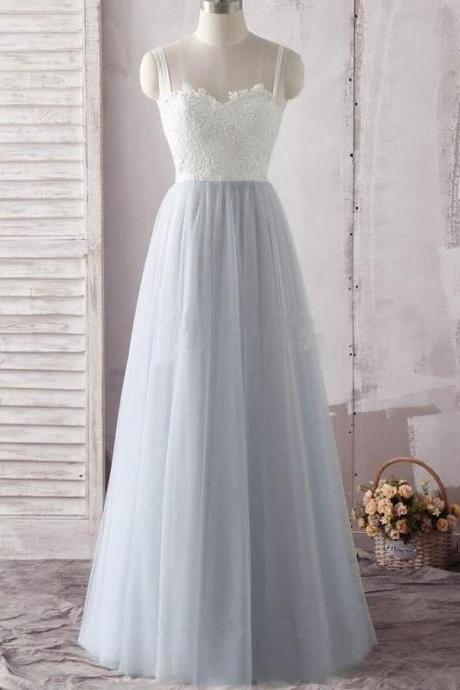 A Line Tulle White Lace Formal Prom Dress, Modest Beautiful Long Prom Dress, Banquet Party Dress