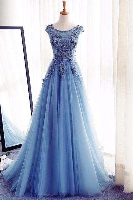 O-neck Appliques A-line Formal Prom Dress, Beautiful Long Prom Dress, Banquet Party Dress