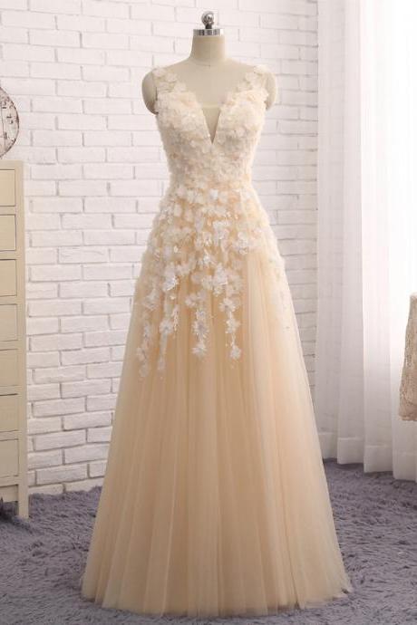 V Neck Tulle A Line Formal Prom Dress, Beautiful Long Prom Dress, Banquet Party Dress