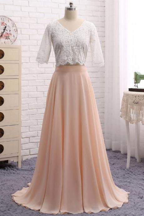 Two Pieces Prom Dress, V Neck Half Sleeve Sheer Lace Chiffon Formal Prom Dress, Beautiful Long Prom Dress, Banquet Party Dress
