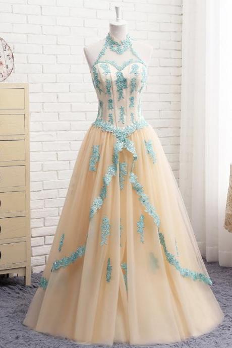 Appliques Tulle A Line Formal Prom Dress, Beautiful Long Prom Dress, Banquet Party Dress