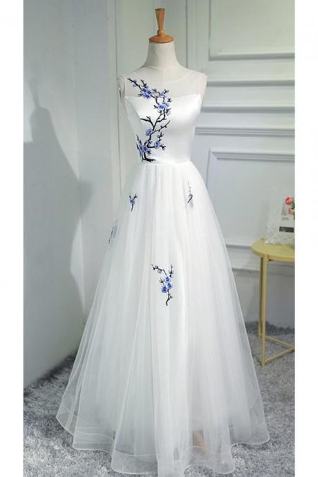 Elegant Sleeveless Appliqued Tulle A-line Formal Prom Dress, Beautiful Long Prom Dress, Banquet Party Dress