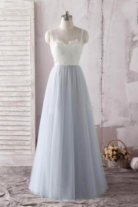 Elegant Sleeveless Appliqued Tulle A-line Formal Prom Dress, Beautiful Long Prom Dress, Banquet Party Dress