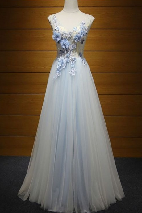 Elegant A-line Straps Appliques Lace-up Tulle Formal Prom Dress, Beautiful Long Prom Dress, Banquet Party Dress