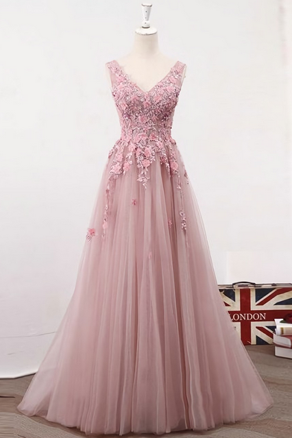 Elegant V-Neck Lace-Up Tulle Formal Prom Dress, Beautiful Long Prom Dress, Banquet Party Dress